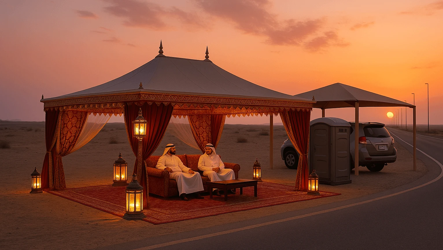 Elegant rest tents shaded lounges and portable restrooms for comfort